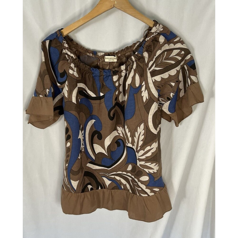 Terzo Millennio Linen Blouse Italian Ruffle bottom, ruffle sleeves medium